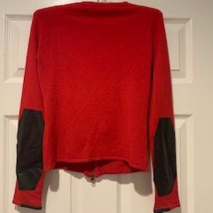 Fine Knit Red Sweater with Vegan Black Leather Elbow Patches